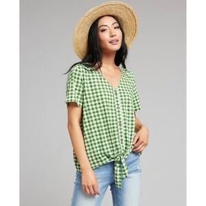 DOWNEAST Green Gingham Tie-Front Button Up Short Sleeve Top‎